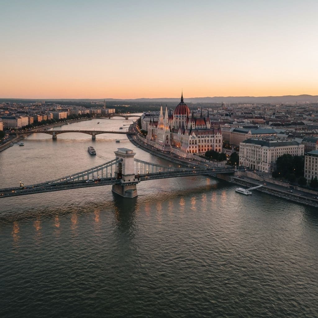 Aerial view of Budapest at sunset with the Chain Bridge and Hungarian Parliament